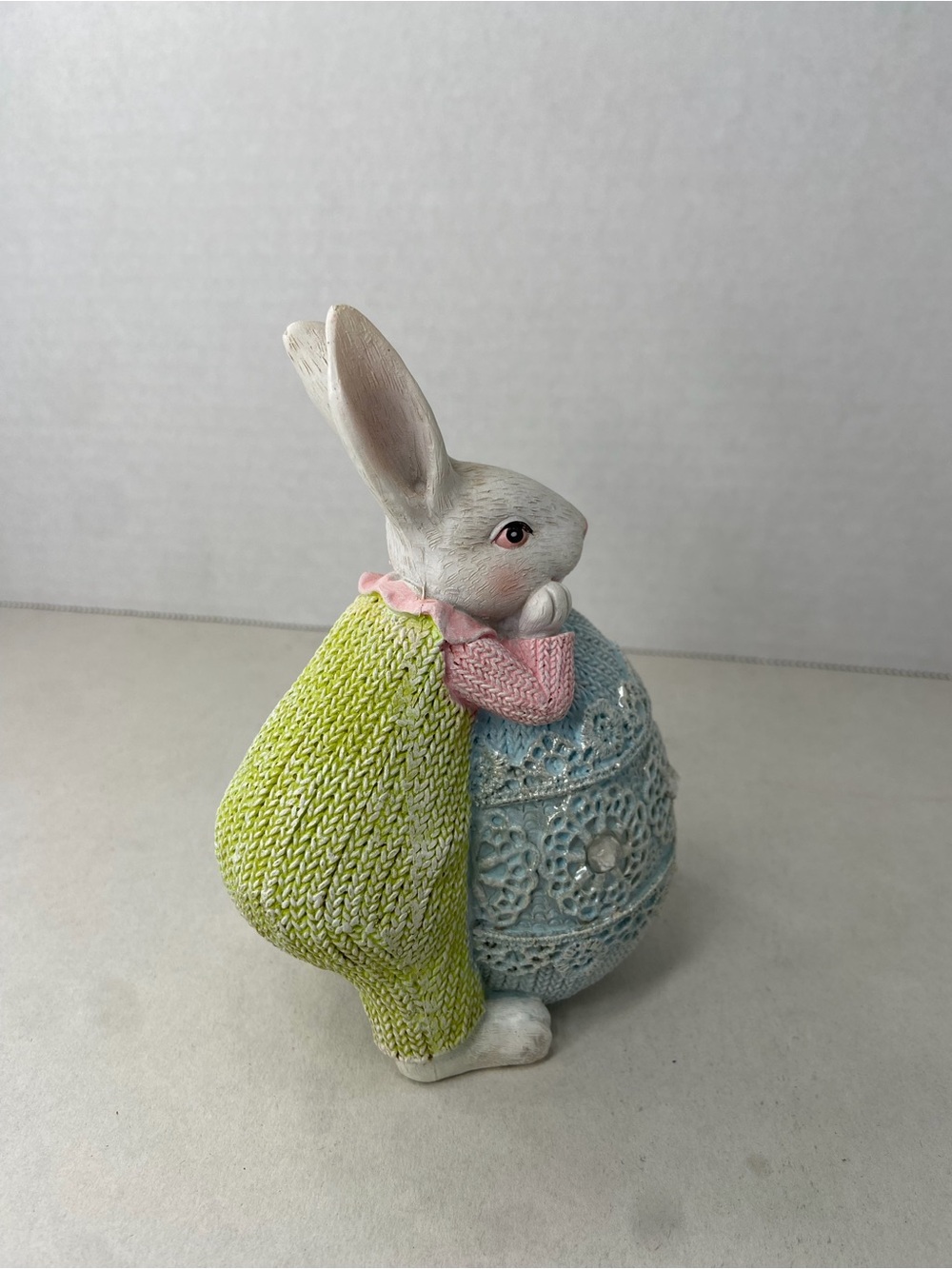 Easter Bunny Figurine Pastel Blue Lace Knit Egg Rhinestone Gem Resin Decor - Picture 4 of 7